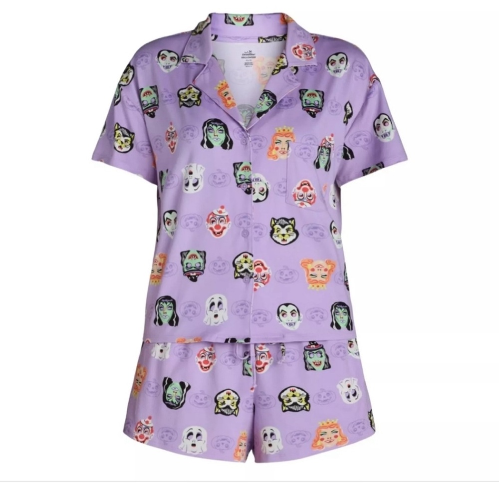 Celebrate Halloween Monster Print Shorty Pajama Set Purple PJ 2 Piece Women’s XS